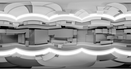 3d rendering. HDRI environment map. 360 degree spherical seamless vr panorama. Abstract empty t interior with abstract rectangular decorative elements with neon lighting.