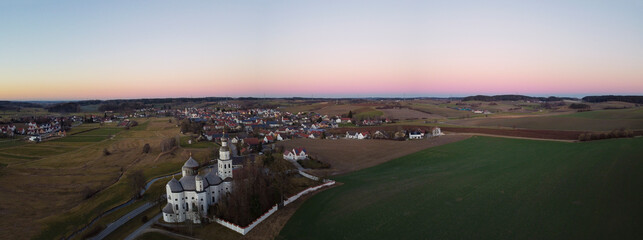 Maria Birnbaum pilgrimage church near the village of Sielenbach in Bavaria seen from above on a...