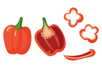Vector set of fresh bell pepper in flat style. Cut pepper, slice isolated on white background. Illustration of healthy vegetable food, organic ripe fresh natural