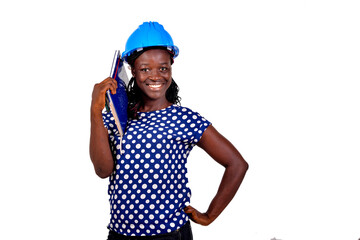 young female engineer holding note book smiling.