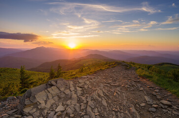 Sunrise seen from the summit of Bukowe Berdo towards the Bieszczady peaks, Bieszczady forest, mountains, Carpathians  © uranos1980
