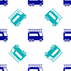 Blue Fire truck icon isolated seamless pattern on white background. Fire engine. Firefighters emergency vehicle. Vector