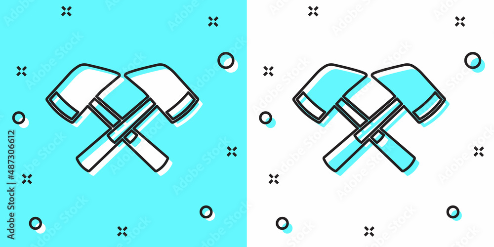 Poster black line firefighter axe icon isolated on green and white background. fire axe. random dynamic sha
