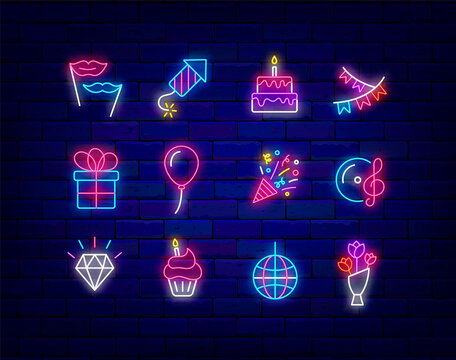 Festival and birthday neon signs collection. Party event. Light effect banner. Vector stock illustration