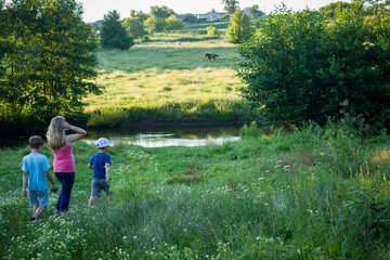 Fototapeta na wymiar children go to the river on a summer day
