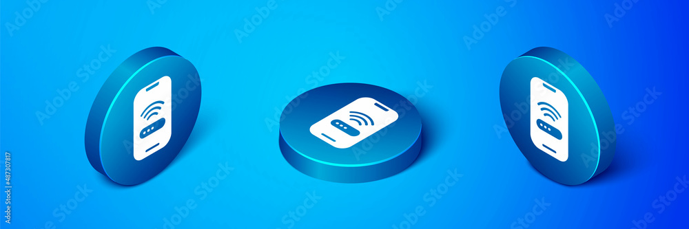 Poster Isometric Smartphone with free wi-fi wireless connection icon isolated on blue background. Wireless technology, wi-fi connection, wireless network. Blue circle button. Vector