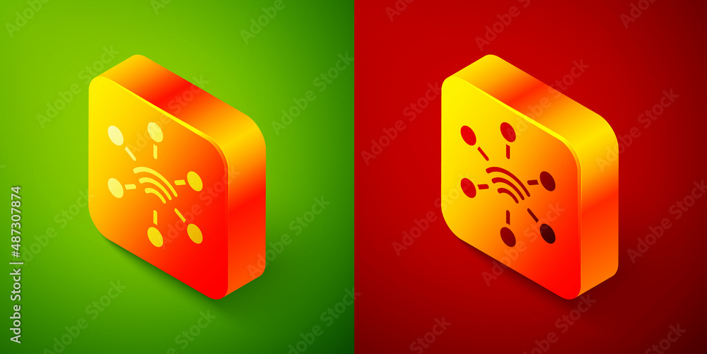 Poster isometric network icon isolated on green and red background. global network connection. global techn