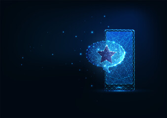 Futuristic customer experience, service review concept with glowing smartphone and speech bubble