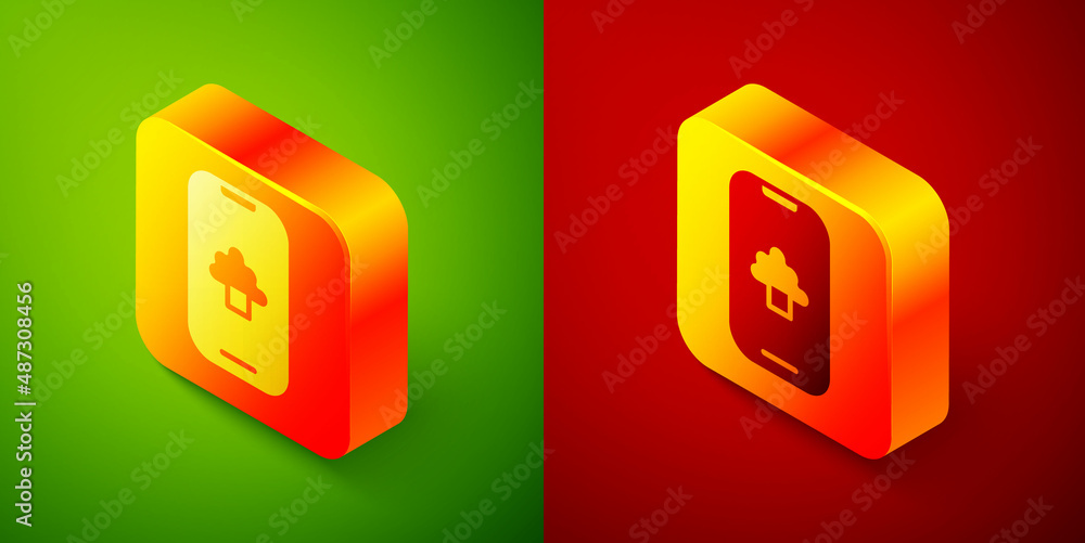 Poster isometric cloud technology data transfer and storage icon isolated on green and red background. squa