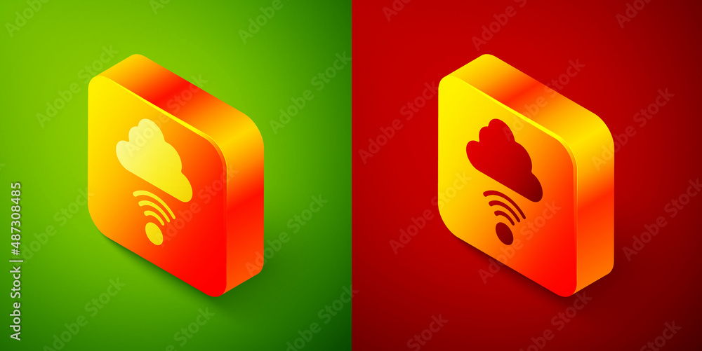 Poster isometric network cloud connection icon isolated on green and red background. social technology. clo