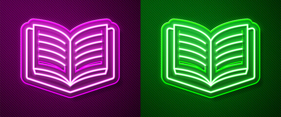 Glowing neon line Open book icon isolated on purple and green background. Vector