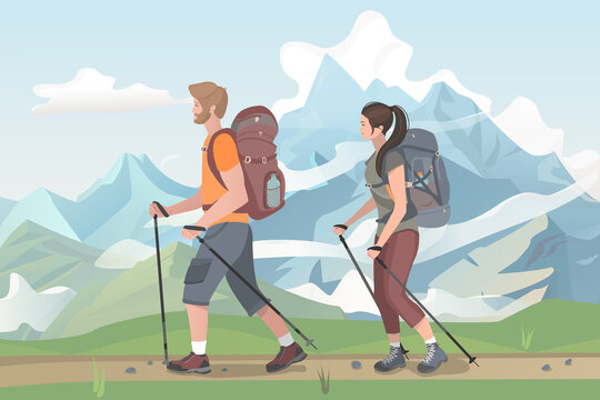 Couple with backpacks traveling together. Mountain tourism, recreation, trekking, hiking. Beautiful outdoor landscape. Vector illustration.