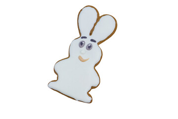 Gingerbread cookie in shape of bunny isolated on a white background