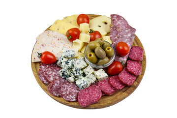 Antipasti platter with olives, cherry tomatoes, assortment of italian salami and cheese isolated on white background