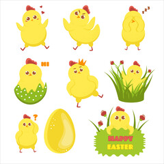 Easter chicken set. Bright Easter holiday.