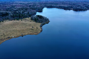 river autumn view from drone forest, landscape panorama aerial view