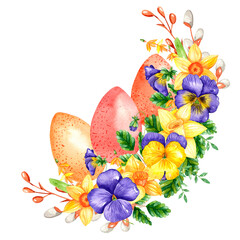 Watercolor easter eggs and flowers