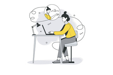 Distance learning flat line concept. Girl watches video lesson and listens to teacher explanations sitting at desk and using laptop. Vector illustration with outline people scene for web banner design