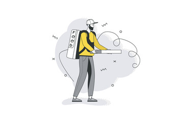 Food delivery flat line concept. Man works in courier restaurant delivery, carries bag of food and box of pizza to client home. Vector illustration with outline people scene for web banner design