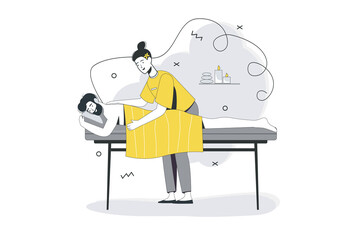 Spa salon flat line concept. Man lies on couch, receives professional back massage and skincare procedures and enjoys aromatherapy. Vector illustration with outline people scene for web banner design