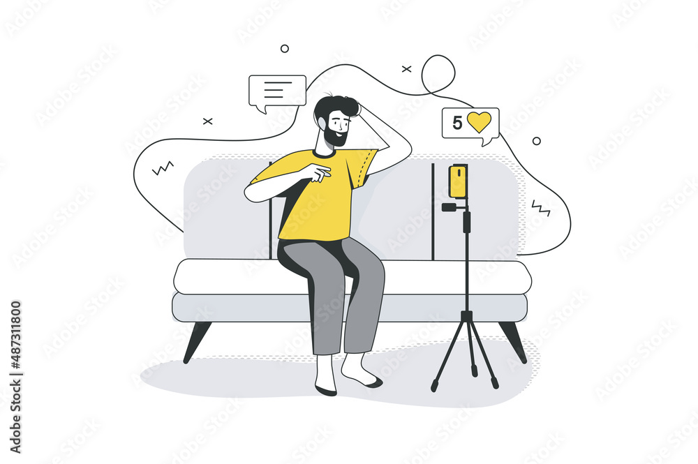 Poster video streaming flat line concept. blogger makes live broadcast and answers followers questions usin