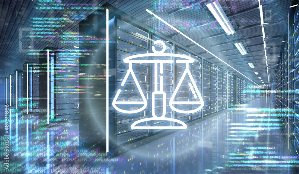 Poster justice icon in a server room data center - 3d rendering