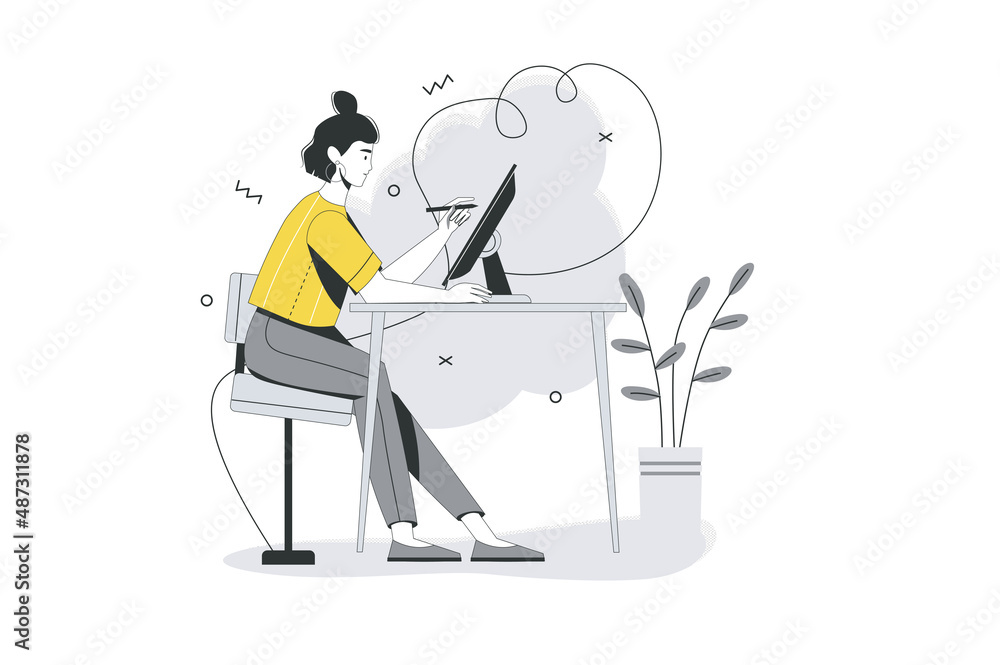 Poster design studio flat line concept. woman illustrator drawing on graphics tablet and working on creativ
