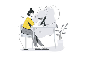 Design studio flat line concept. Woman illustrator drawing on graphics tablet and working on creative art project in office. Vector illustration with outline people scene for web banner design