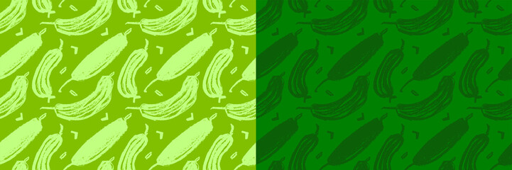 Vector cucumber pattern seamless. Hand drawn cuke drawings, corm illustrations. Vegetarian restaurant banner. Botanical ornament. Green vegetable backdrop for organic gherkin label. Cucumber wallpaper
