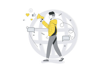 Marketing flat line concept. Young man makes advertising campaign in social networks. Marketer promotes business on Internet. Vector illustration with outline people scene for web banner design
