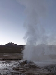 Photograph taken on a sunny day around Atacama desert region at Chili, showing the architecture and colours of this historical place. Rocks formation, lagoons, fauna and geysers.