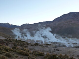 Photograph taken on a sunny day around Atacama desert region at Chili, showing the architecture and colours of this historical place. Rocks formation, lagoons, fauna and geysers.