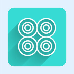 White line Skateboard wheel icon isolated with long shadow background. Skate wheel. Green square button. Vector