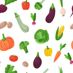 Food vector seamless pattern. Flat illustration of vegetables isolated on white background. Backdrop for wallpaper, print, textile, fabric, wrapping. 