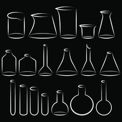 Set of different sizes, shapes and types of chemical test tubes vector icons set minimalist simple illustrations. Experiment chemical flasks for science isolated on white background.