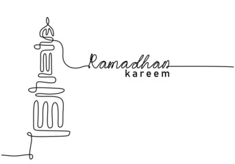 One continuous single line of big tower with ramadan kareem word isolated on white background.