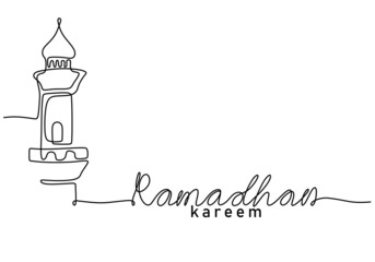 One continuous single line of big mosque tower with ramadan kareem word isolated on white background.