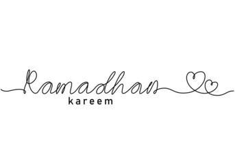 One continuous single line of ramadan kareem word with love symbol isolated on white background.