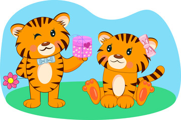 Cute Cartoon Tigers boy and girll. The tiger cub gives a gift.