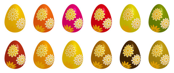 Set de 12 oeufs de pâques de différentes couleurs avec fleurs en motif et texture agréable. Fond transparent pour faciliter la composition.