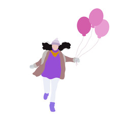 Girl, woman in winter clothes runs with balloons