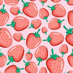 Hand drawn strawberry seamless pattern made in cute style isolated on pink background.