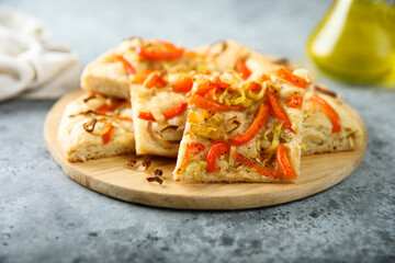 Traditional homemade focaccia bread with red pepper