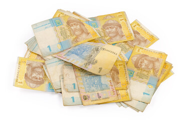 Heap of modern shabby banknotes denominations of one Ukrainian hryvnia