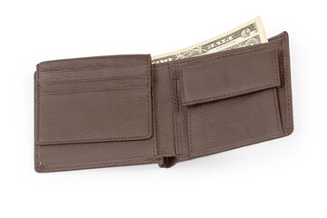 Open classic brown leather wallet with several banknotes inside