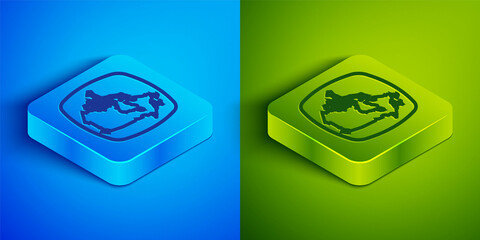 Isometric line Canada map icon isolated on blue and green background. Square button. Vector