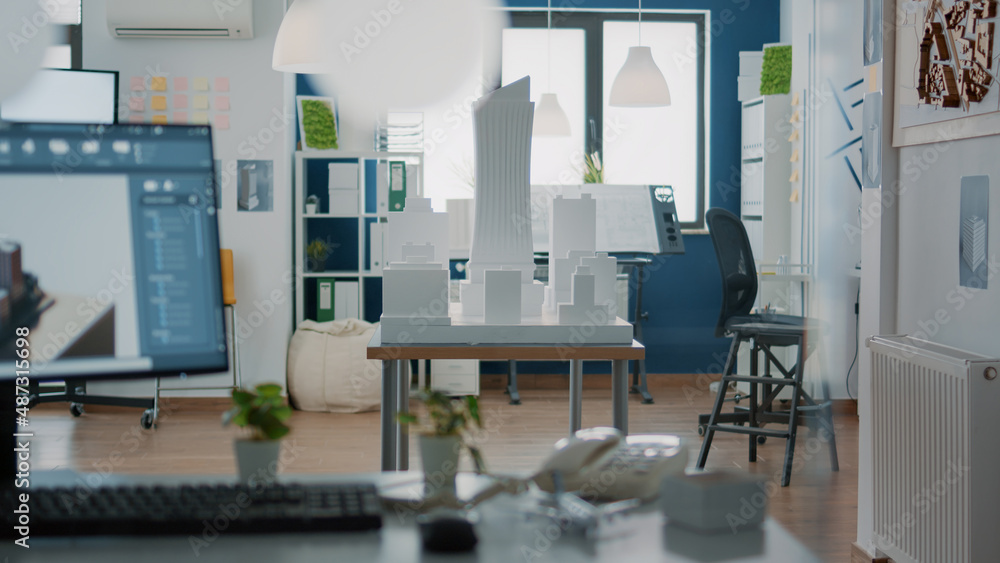 Poster nobody in office with 3d architecture design and building model for urban project. empty space with 