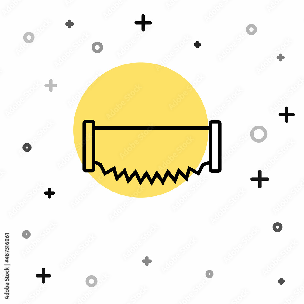 Poster black line two-handed saw icon isolated on white background. random dynamic shapes. vector