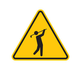 Vector yellow triangle sign - black silhouette golfer, sport symbol. Isolated on white background.
