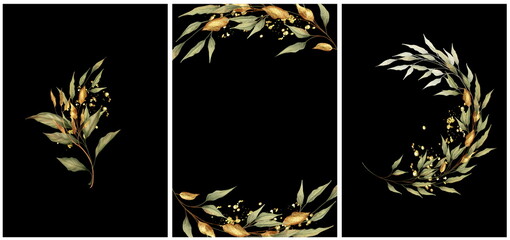 Green and gold leaves. Decorative black greeting card, poster or invitation design background.